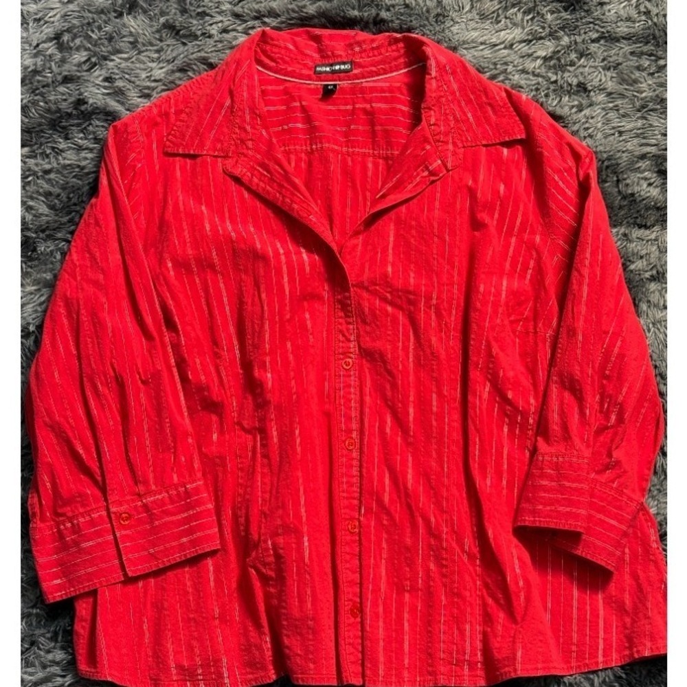 Fashion Bug‎ Button-Up Top Metallic Stripe 3/4 Sleeve Red Blouse 4X